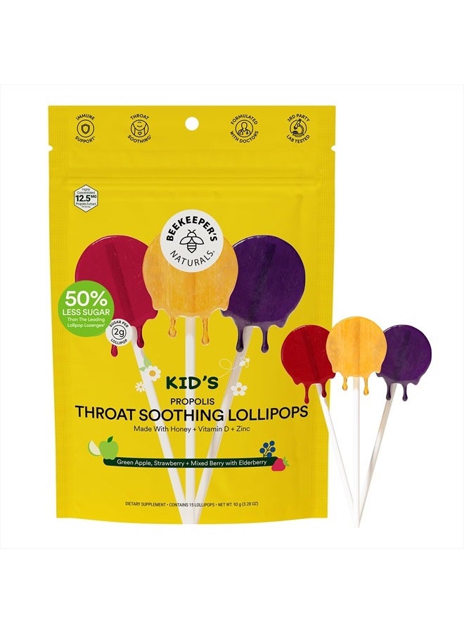 Kids Throat Soothing Lollipops by Beekeeper's Naturals - Doctor Formulated Immune Support, Vitamin D & Honey, Under 2g Sugar, Clean Ingredients,15 ct