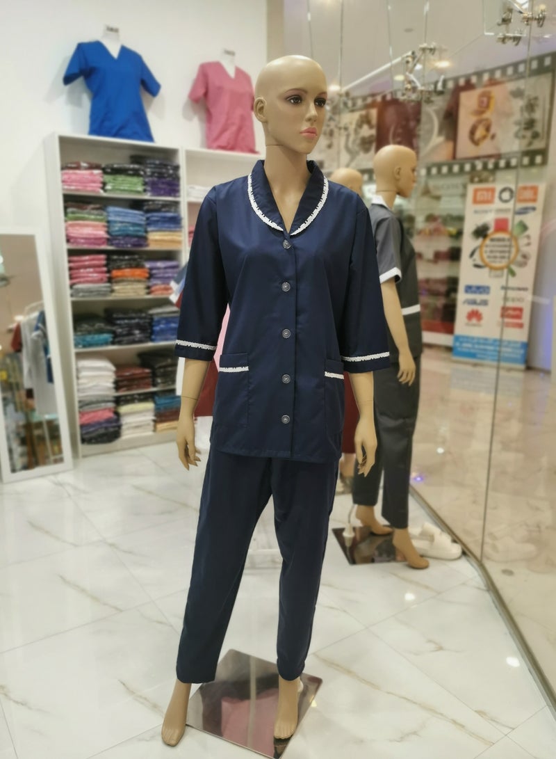 Domestic Helper Uniform Elegant Kolcha Design Navy Blue House Maid Uniform Set Top and Pants