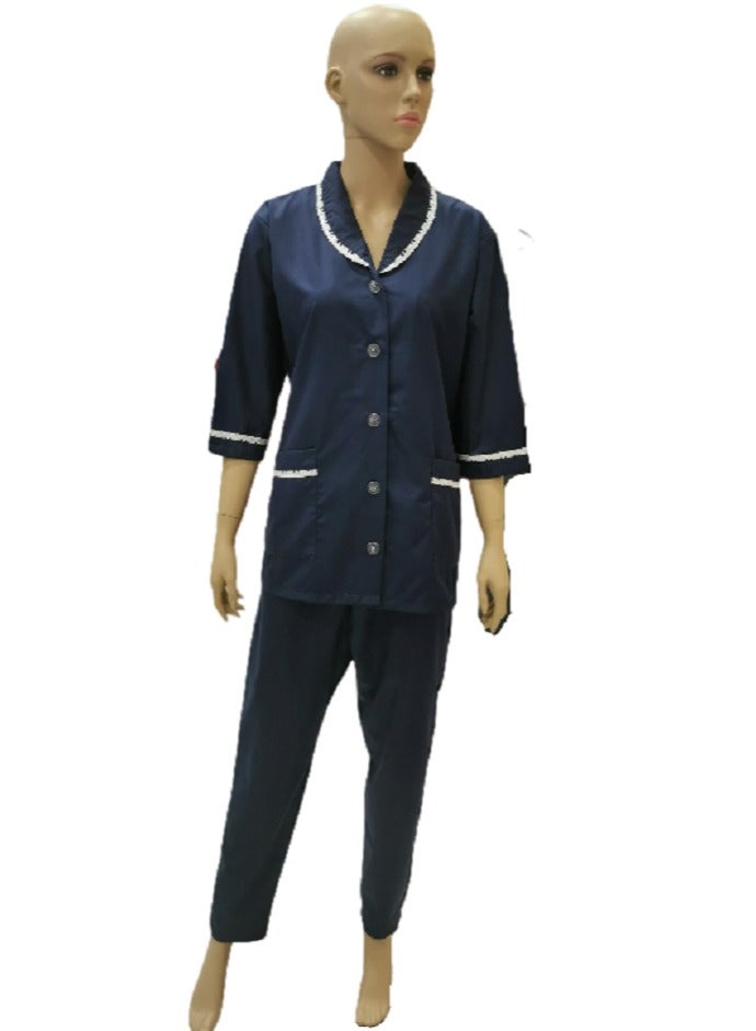 Domestic Helper Uniform Elegant Kolcha Design Navy Blue House Maid Uniform Set Top and Pants