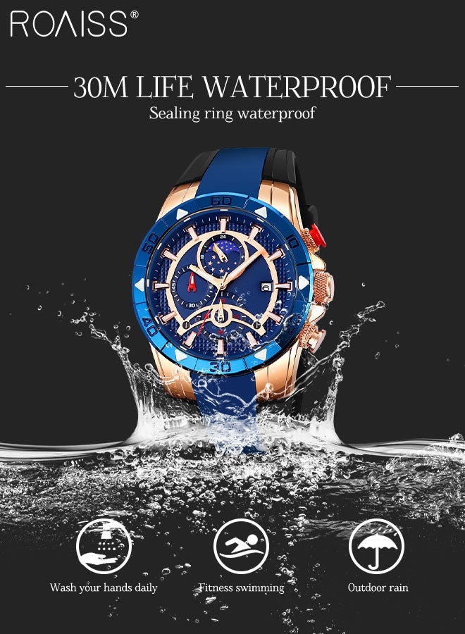 Men's Quartz Watch with Silicone Strap, Analog Display Blue Round Shape Dial Chronograph Watch with Moon Phase Function, Waterproof Casual Watch as Gift for Men