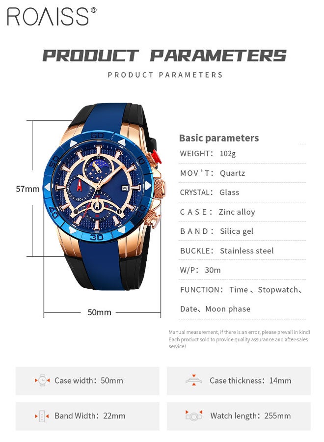 Men's Quartz Watch with Silicone Strap, Analog Display Blue Round Shape Dial Chronograph Watch with Moon Phase Function, Waterproof Casual Watch as Gift for Men