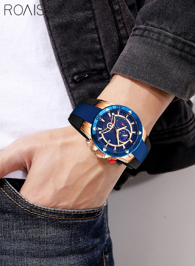 Men's Quartz Watch with Silicone Strap, Analog Display Blue Round Shape Dial Chronograph Watch with Moon Phase Function, Waterproof Casual Watch as Gift for Men