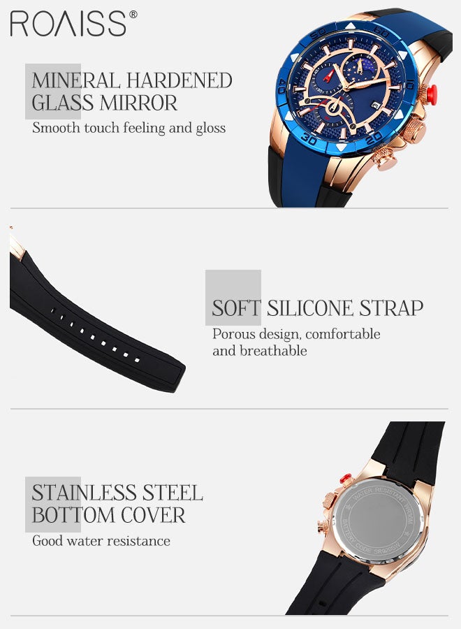 Men's Quartz Watch with Silicone Strap, Analog Display Blue Round Shape Dial Chronograph Watch with Moon Phase Function, Waterproof Casual Watch as Gift for Men