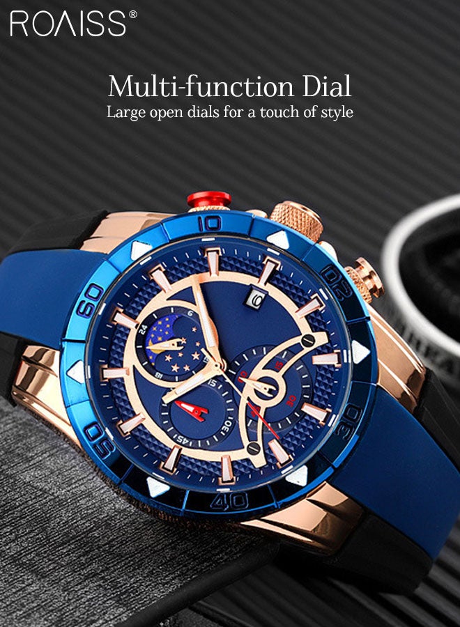 Men's Quartz Watch with Silicone Strap, Analog Display Blue Round Shape Dial Chronograph Watch with Moon Phase Function, Waterproof Casual Watch as Gift for Men