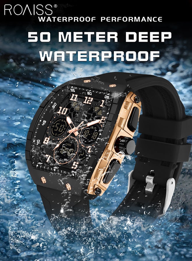 Men's Silicone Strap Electronic Watch, Tonneau-shaped Dual Display Dial, 50M Waterproof Luminous Wristwatch with Alarm Clock Stopwatch 12H/24H for Outdoor Activities