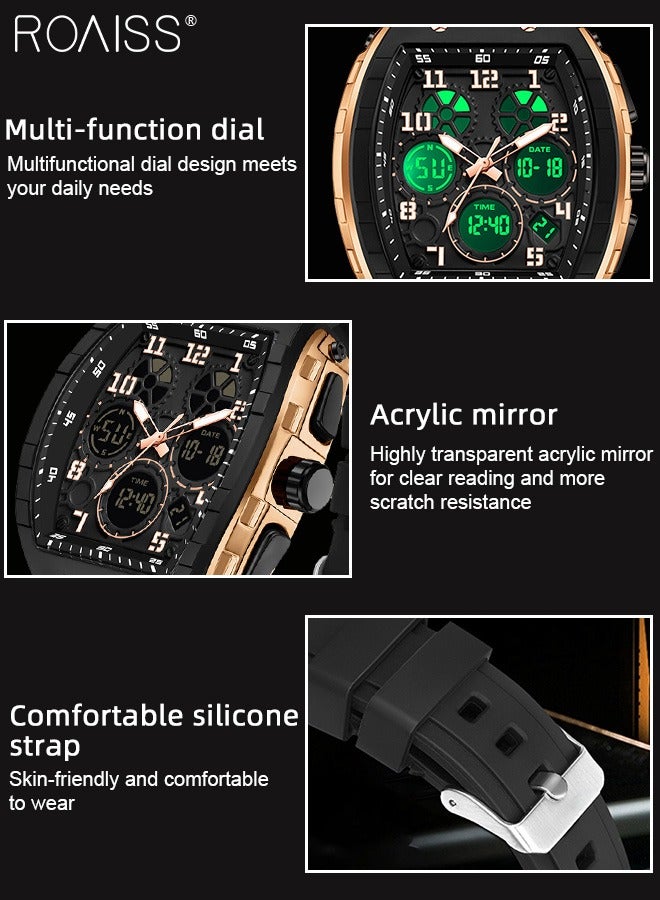 Men's Silicone Strap Electronic Watch, Tonneau-shaped Dual Display Dial, 50M Waterproof Luminous Wristwatch with Alarm Clock Stopwatch 12H/24H for Outdoor Activities