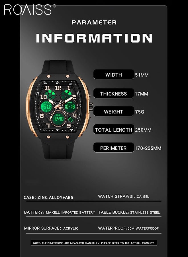Men's Silicone Strap Electronic Watch, Tonneau-shaped Dual Display Dial, 50M Waterproof Luminous Wristwatch with Alarm Clock Stopwatch 12H/24H for Outdoor Activities