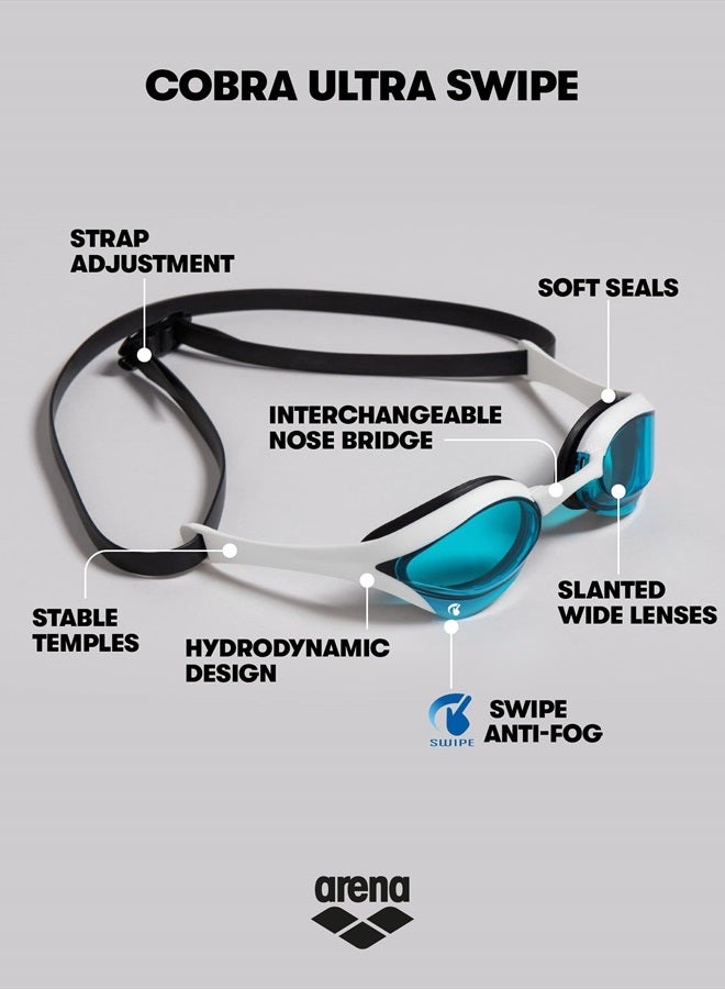Cobra Ultra Swipe Racing Swim Goggles For Men And Women, Non-Mirror Lens, Anti-Fog, Uv Protection, Blue/White/Black