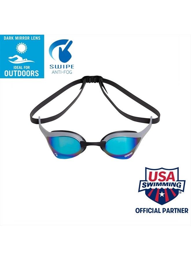 Unisex Cobra Ultra Swipe Racing Swim Goggles For Men And Women Swipe Anti-Fog Technology Polycarbonate Mirror Lens, Blue/Silver