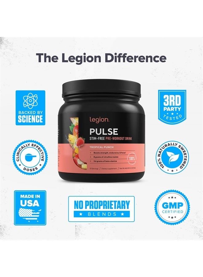 Pulse Pre Workout Supplement - All Natural Nitric Oxide Preworkout Drink to Boost Energy, Creatine Free, Naturally Sweetened, Beta Alanine, Citrulline, Alpha GPC (Caffeine Free Tropical Punch)