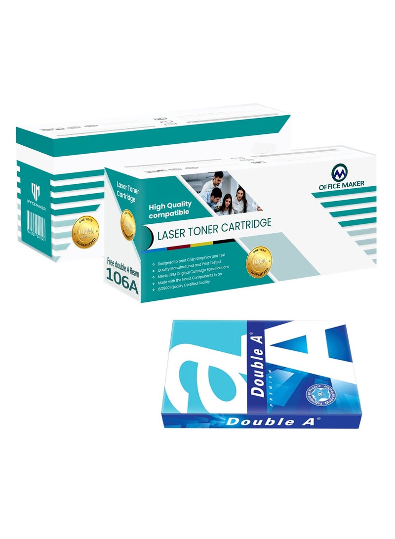 Office Maker Compatible 106A W1106A Toner Cartridge for HP Laser 107w 107a  MFP135a  135w 137fnw Printer 2-Pack with Free A4 Double-A Ream