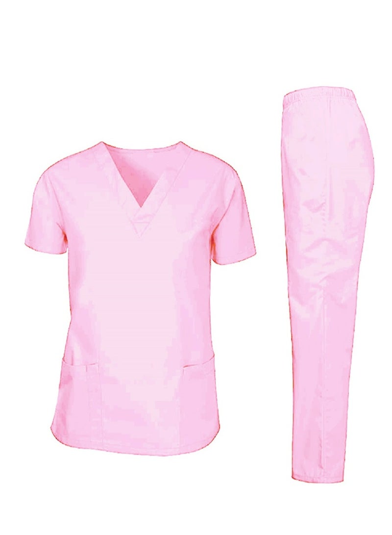 Scrubs Medical Uniform Unisex Top and Pants Pink Nurse Suit Set