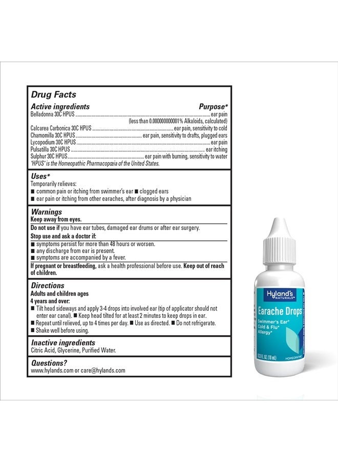 Naturals Earache Drops, Natural Relief of Swimmer's Ear, Cold & Flu, Allergy Symptoms, Ages 4 & up, Day & Night, 0.33 Fl Oz