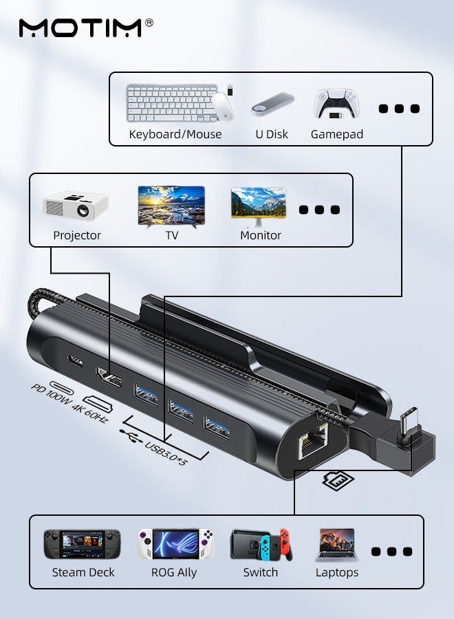 6-in-1 Docking Station for Steam Deck, Valve Steam Deck Charger Stand, Steam Deck Dock USB C Hub, with HDMI 2.0 4K@60Hz, 100W PD3.0 USB-C, 1000Mbps Ethernet, 3 USB3.0