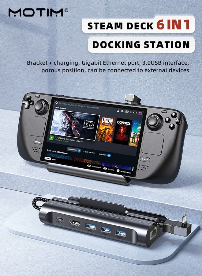 6-in-1 Docking Station for Steam Deck, Valve Steam Deck Charger Stand, Steam Deck Dock USB C Hub, with HDMI 2.0 4K@60Hz, 100W PD3.0 USB-C, 1000Mbps Ethernet, 3 USB3.0