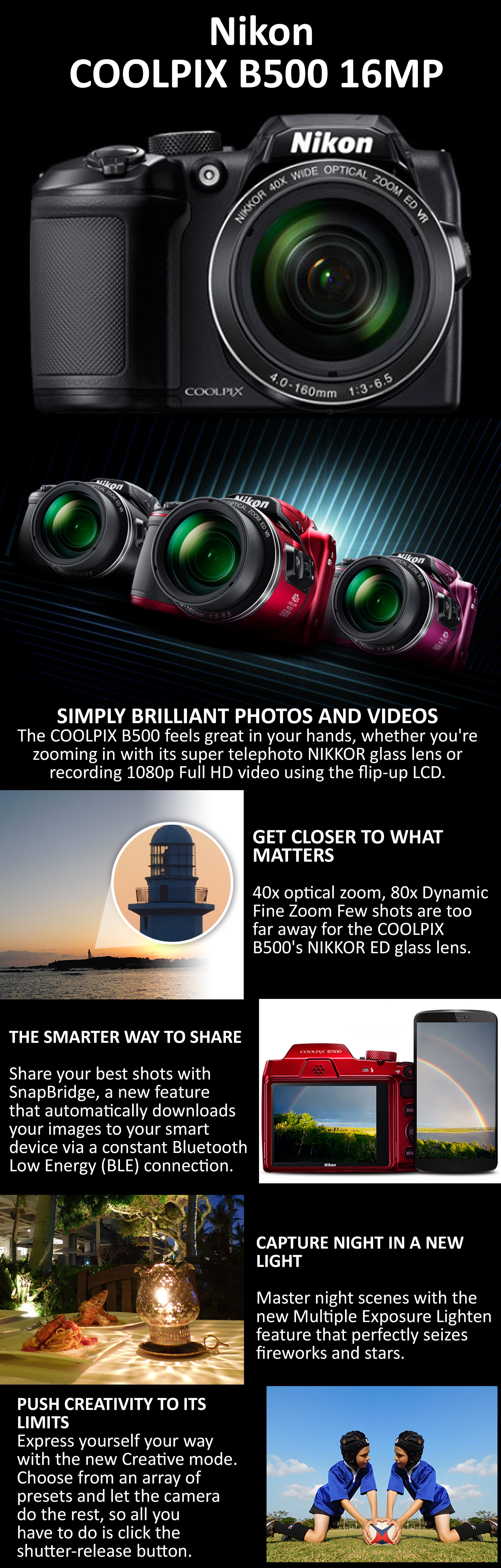 Coolpix B500 Point And Shoot Camera 40X Wide Optical Zoom-Nikkor Ed Glass Lens 16Mp With Tilt Lcd Screen, Built-In Wi-Fi, Nfc tooth