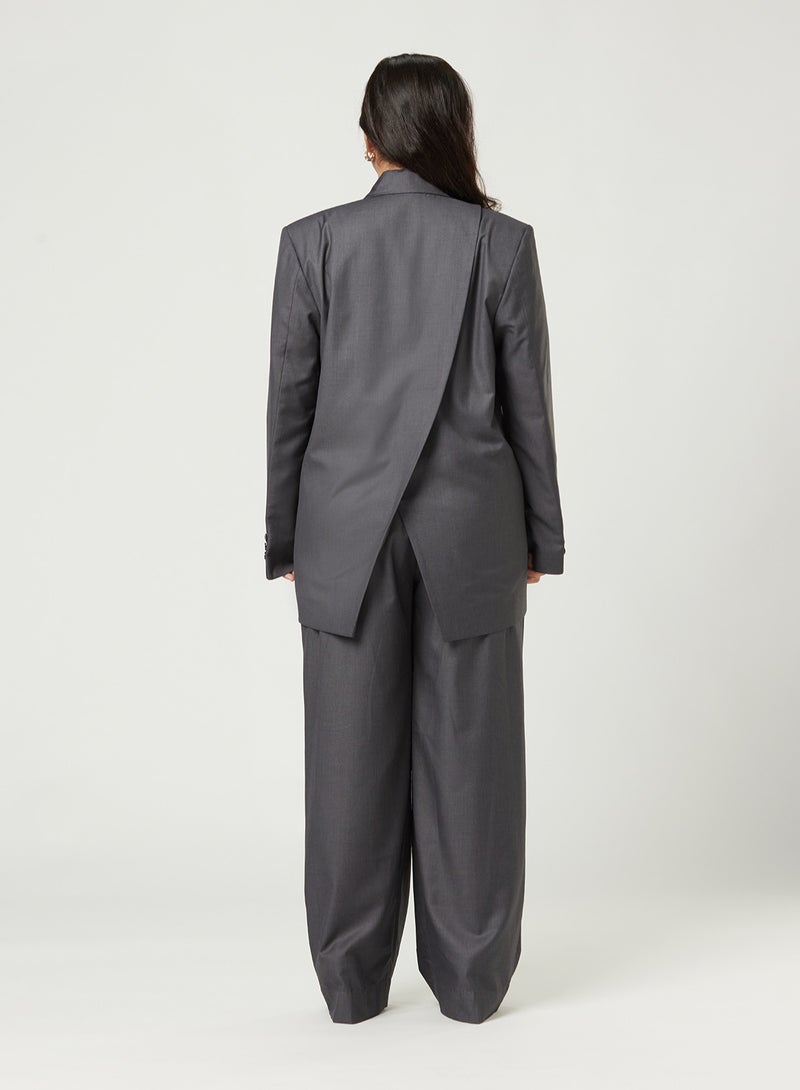 Back cut Over-sized Grey Two-piece Suit Set with pants