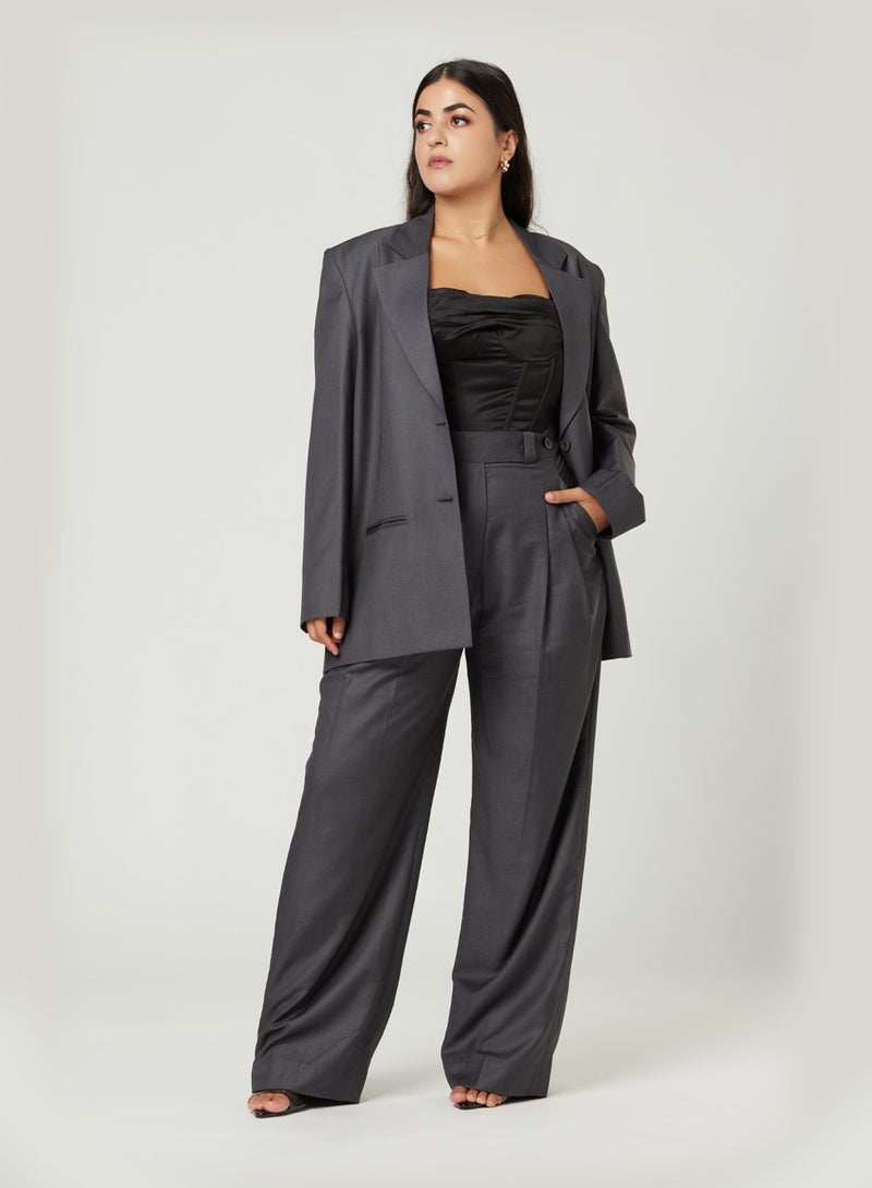 Back cut Over-sized Grey Two-piece Suit Set with pants