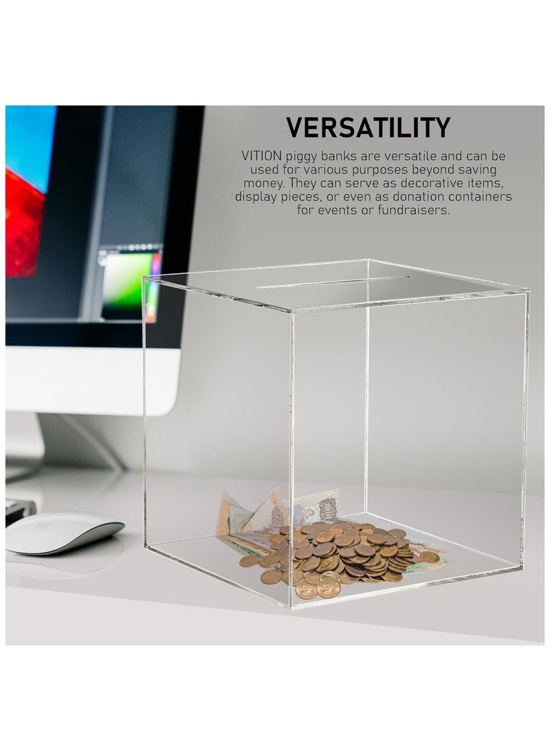 Clear Money Bank for Adults Kids, Acrylic Money Bank for Boys Girls to Saving Money Cash Coin, Must Break to Open (15 x 15 cm, Crystal Clear)