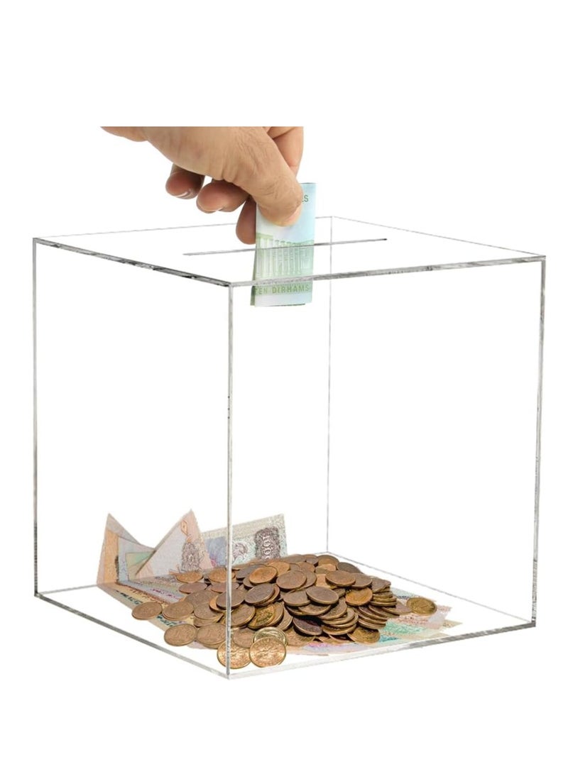 Clear Money Bank for Adults Kids, Acrylic Money Bank for Boys Girls to Saving Money Cash Coin, Must Break to Open (15 x 15 cm, Crystal Clear)