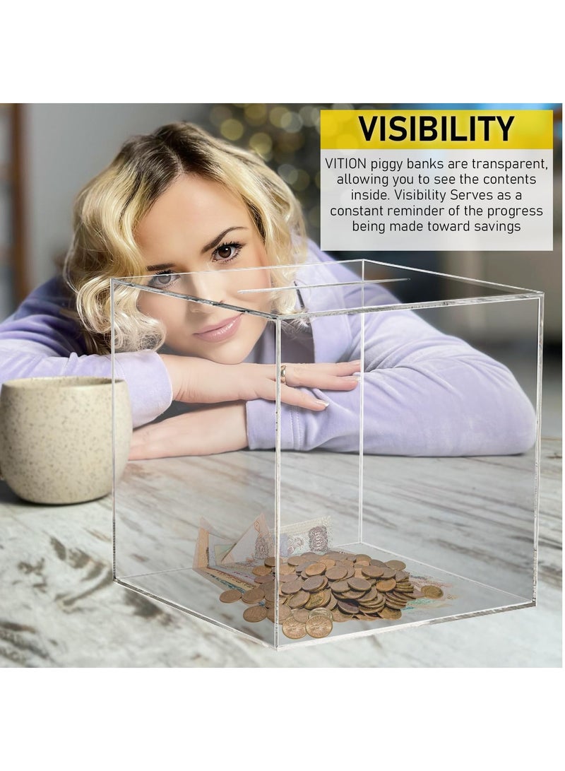 Clear Money Bank for Adults Kids, Acrylic Money Bank for Boys Girls to Saving Money Cash Coin, Must Break to Open (15 x 15 cm, Crystal Clear)