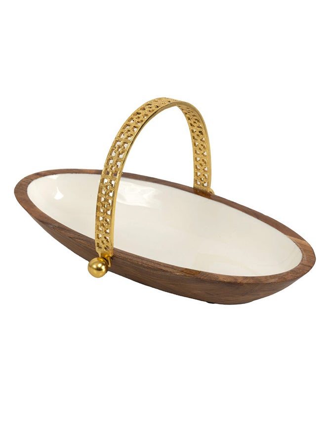 Damask Wooden Oval Bowl, White & Gold - 38x18 cm