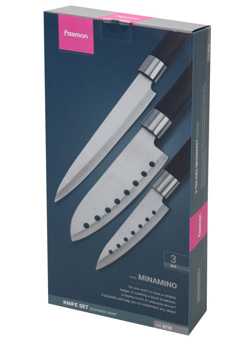 Fissman 3-Piece Knife Set Minamino Series, Slicing Knife 20cm, Santuko Knife 17cm, Utility Knife 13cm, Japanese 420J2 Stainless Steel, Double Sided Blade, with ABS Durable Handle, Lightweight