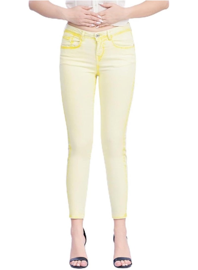 Web Denim Light Yellow OD Skinny Stretchable Straight Pant Fashionable Comfort Fit Casual Cotton Jeans with Pockets For Women