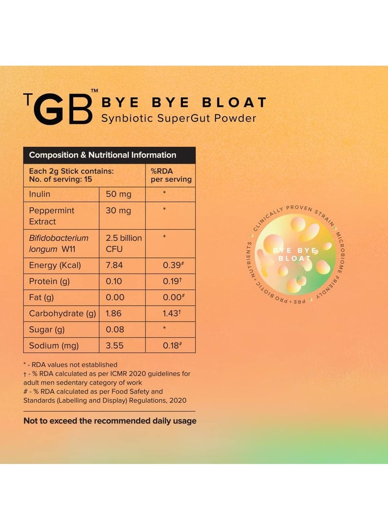 ByeBye Bloat SuperGut Powder for Healthy Digestion Pre And Probiotic Supplement, 2.5 Billion CFU of Clinically Proven Strain - 15 Days Pack