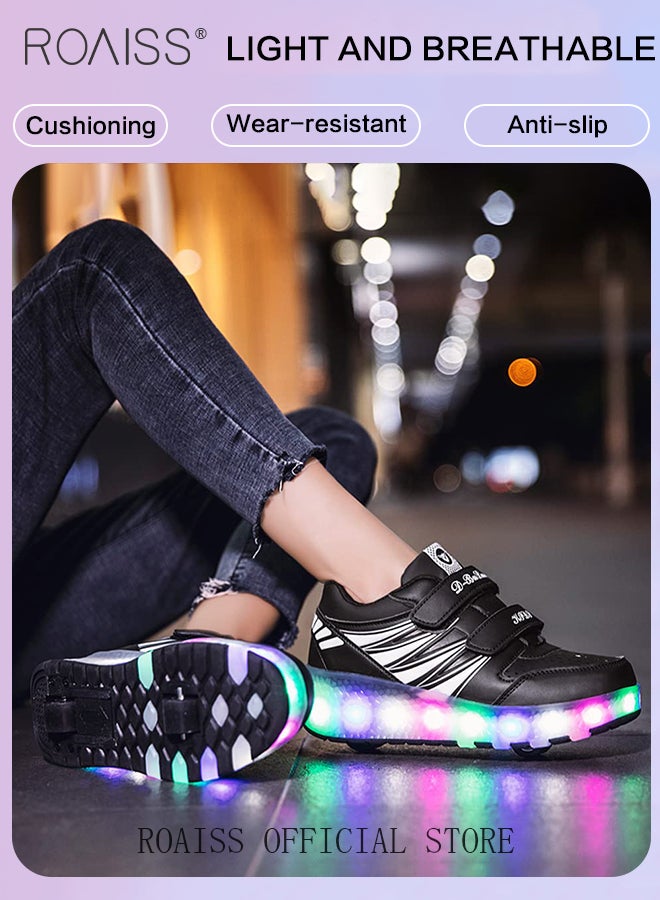 Kids Unisex Double Wheel Roller Skates Shoes LED Light Multimode Adjustable Rechargeable Velcro Sneakers for Children Boys and Girls Outdoors Luminous Shoes with Detachable Roll Wheels