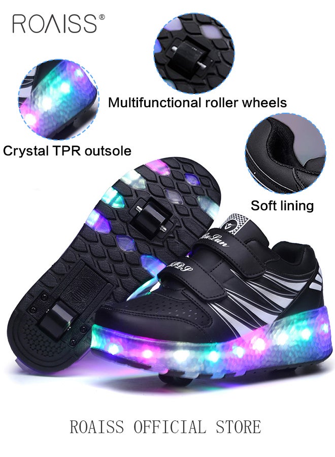 Kids Unisex Double Wheel Roller Skates Shoes LED Light Multimode Adjustable Rechargeable Velcro Sneakers for Children Boys and Girls Outdoors Luminous Shoes with Detachable Roll Wheels