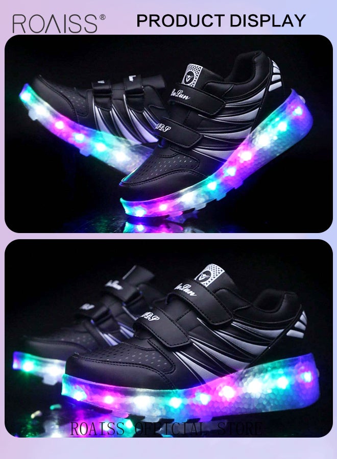 Kids Unisex Double Wheel Roller Skates Shoes LED Light Multimode Adjustable Rechargeable Velcro Sneakers for Children Boys and Girls Outdoors Luminous Shoes with Detachable Roll Wheels