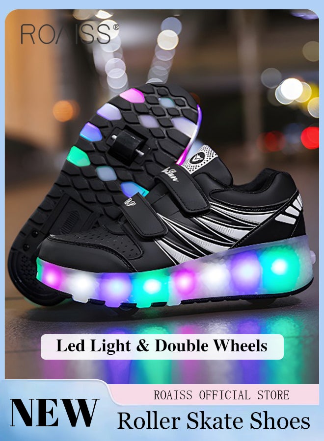 Kids Unisex Double Wheel Roller Skates Shoes LED Light Multimode Adjustable Rechargeable Velcro Sneakers for Children Boys and Girls Outdoors Luminous Shoes with Detachable Roll Wheels