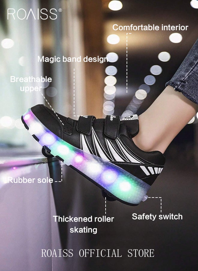 Kids Unisex Double Wheel Roller Skates Shoes LED Light Multimode Adjustable Rechargeable Velcro Sneakers for Children Boys and Girls Outdoors Luminous Shoes with Detachable Roll Wheels