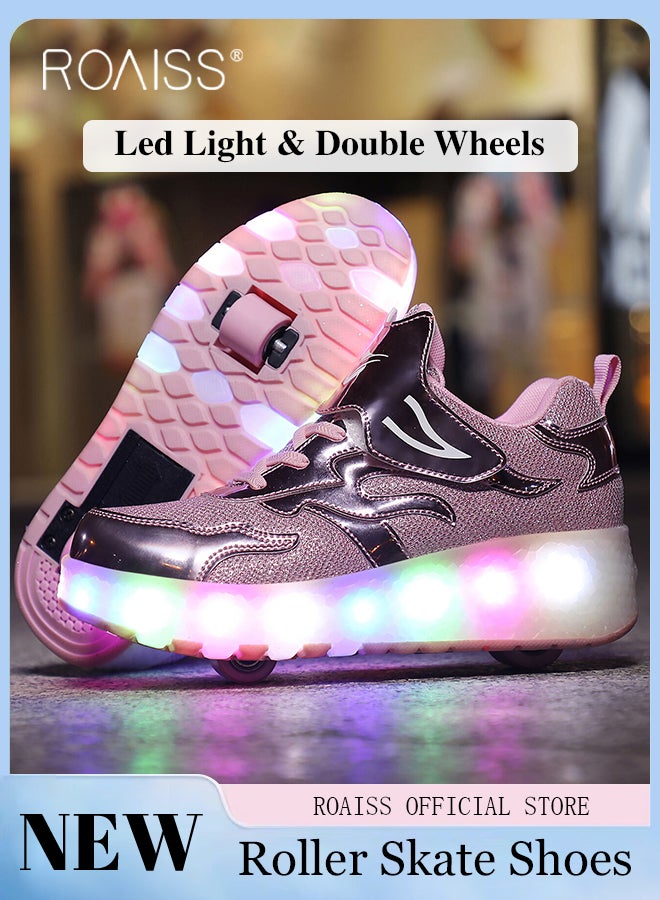 Kids Unisex Double Wheel Roller Skates Shoes LED Light Multimode Adjustable Rechargeable Velcro Sneakers for Children Boys and Girls Outdoors Luminous Shoes with Detachable Roll Wheels