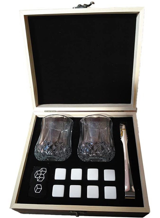 Whiskey Glass Gift Set for Men Dad - Whiskey Glass Set of 2 - Bourbon Whiskey Stones Wood Box Gift Set - Includes Crystal Whisky Glasses, Chilling Rocks, Slate Coasters for Scotch Wisky Burbon Gifts