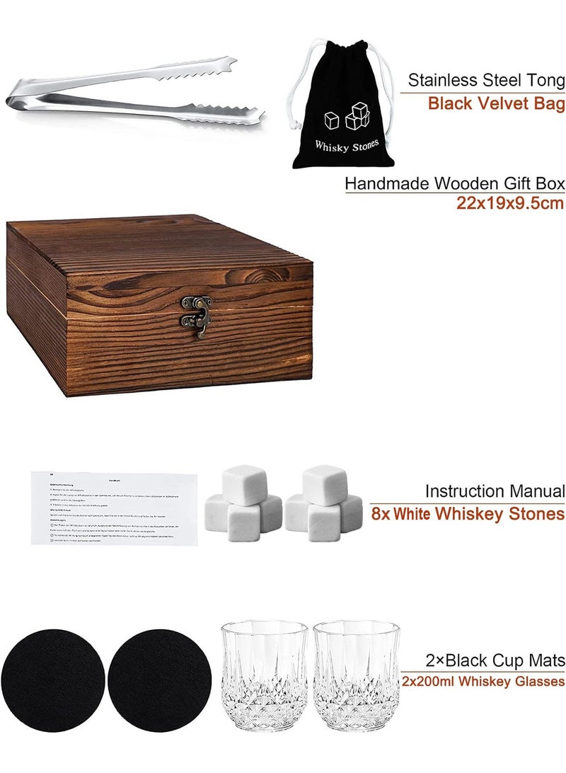 Whiskey Glass Gift Set for Men Dad - Whiskey Glass Set of 2 - Bourbon Whiskey Stones Wood Box Gift Set - Includes Crystal Whisky Glasses, Chilling Rocks, Slate Coasters for Scotch Wisky Burbon Gifts