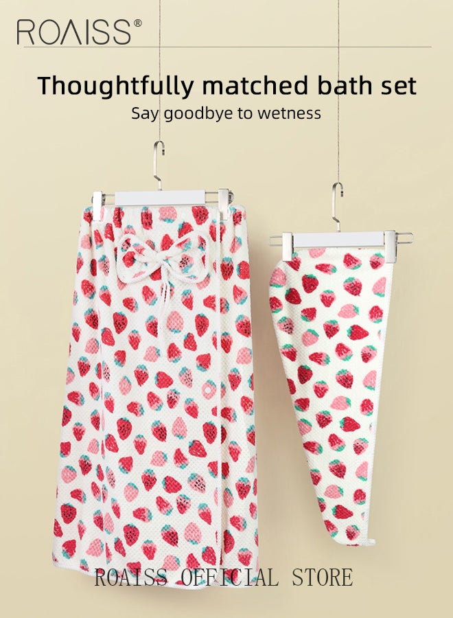 2 Pcs Cute Bath Set for Women 1 Coral Fleece Bath Towel Wrap Dress with Bow and 1 Super Absorption Hair Drying Cap Sets Thickening Tube Top Bath Skirt and Towel Hat Suit with Cute Strawberry Print