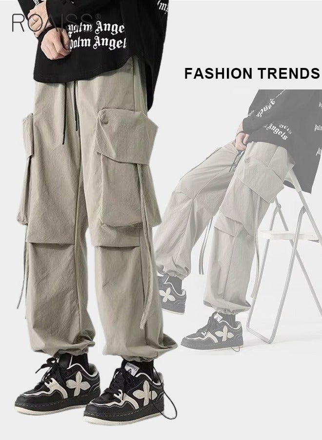 Men Cargo Pants Ribbon Hip Hop Jogging Pants Male Casual Streetwear Harem Trousers Pockets New Elastic Waist Sweatpants