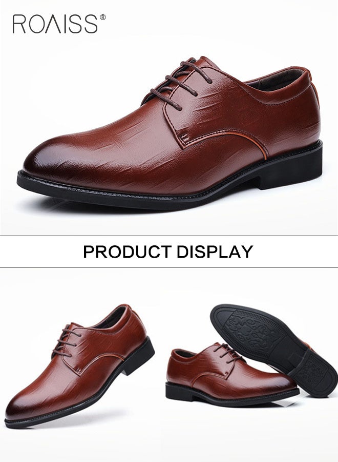 Business Formal Leather Shoes for Men Lightweight and Non Slip Pointed Patent Leather Shoes for Office Wedding Business Trip Casual Soft and Breathable Men's Lace up Leather Shoes for Bridegroom