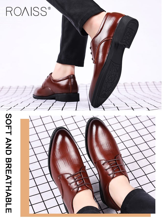 Business Formal Leather Shoes for Men Lightweight and Non Slip Pointed Patent Leather Shoes for Office Wedding Business Trip Casual Soft and Breathable Men's Lace up Leather Shoes for Bridegroom