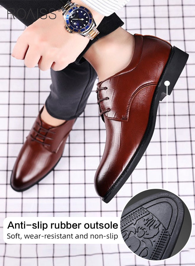 Business Formal Leather Shoes for Men Lightweight and Non Slip Pointed Patent Leather Shoes for Office Wedding Business Trip Casual Soft and Breathable Men's Lace up Leather Shoes for Bridegroom