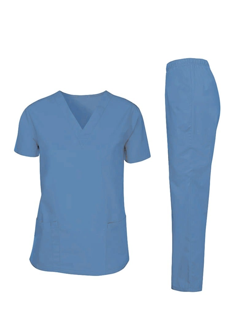 Scrubs Medical Uniform Unisex Top and Pants Blue Nurse Suit Set