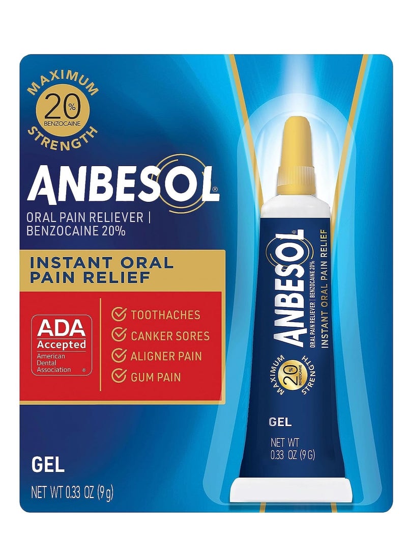 Anbesol Maximum Strength Oral Pain Relief Gel, Instant Pain Relief For Toothache Pain, Canker Sores, Sore Gums, Mouth Sores, Denture Pain, and Aligner Pain, ADA Accepted, 0.33 oz (packaging may vary)