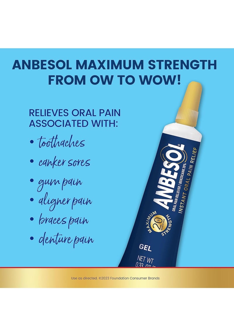 Anbesol Maximum Strength Oral Pain Relief Gel, Instant Pain Relief For Toothache Pain, Canker Sores, Sore Gums, Mouth Sores, Denture Pain, and Aligner Pain, ADA Accepted, 0.33 oz (packaging may vary)