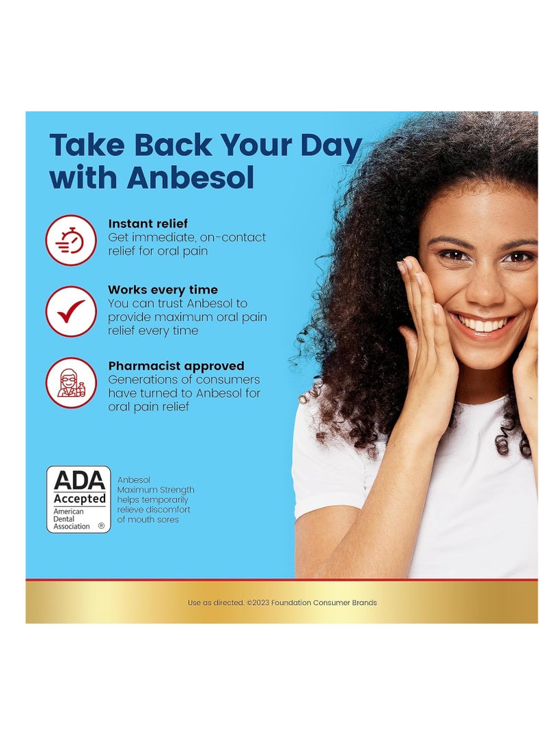 Anbesol Maximum Strength Oral Pain Relief Gel, Instant Pain Relief For Toothache Pain, Canker Sores, Sore Gums, Mouth Sores, Denture Pain, and Aligner Pain, ADA Accepted, 0.33 oz (packaging may vary)