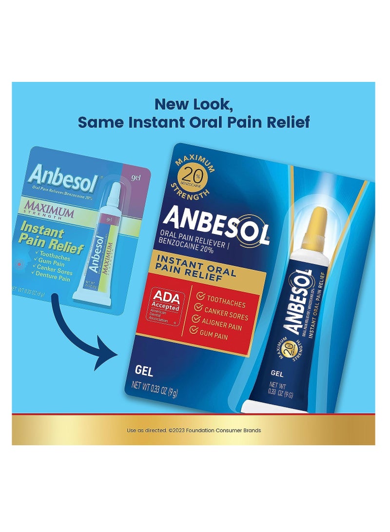 Anbesol Maximum Strength Oral Pain Relief Gel, Instant Pain Relief For Toothache Pain, Canker Sores, Sore Gums, Mouth Sores, Denture Pain, and Aligner Pain, ADA Accepted, 0.33 oz (packaging may vary)
