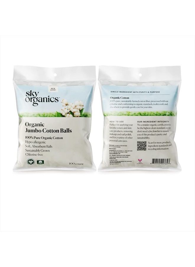 Organic Jumbo Cotton Balls for Sensitive Skin, 100% Pure GOTS Certified Organic for Beauty & Personal Care, 300 ct.