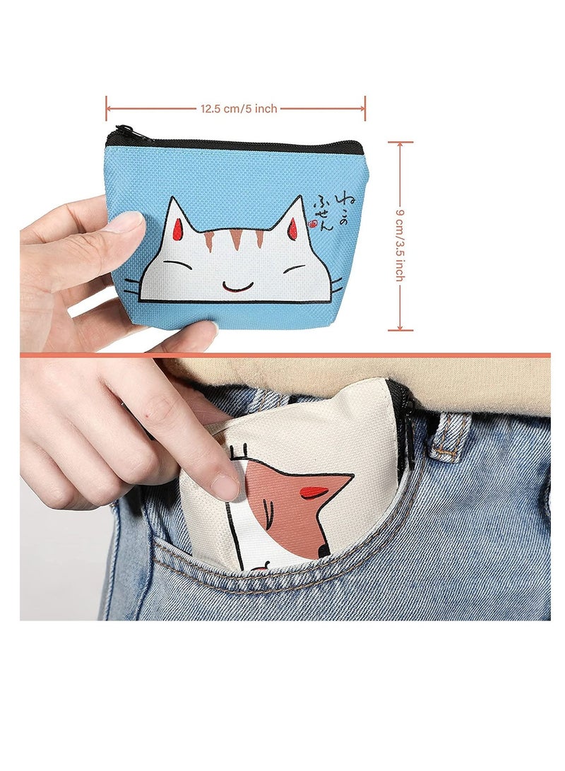 Women Wallet, Cute Coin Purse 4 Pieces, with Zipper Portable Coin Pouch Purse for Women Girl Credit Card ID Card Keys Headset Lipstick, Waterproof Oxford Cloth, Creative Clutch Key Case (Cat Style)