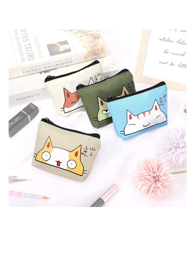 Women Wallet, Cute Coin Purse 4 Pieces, with Zipper Portable Coin Pouch Purse for Women Girl Credit Card ID Card Keys Headset Lipstick, Waterproof Oxford Cloth, Creative Clutch Key Case (Cat Style)